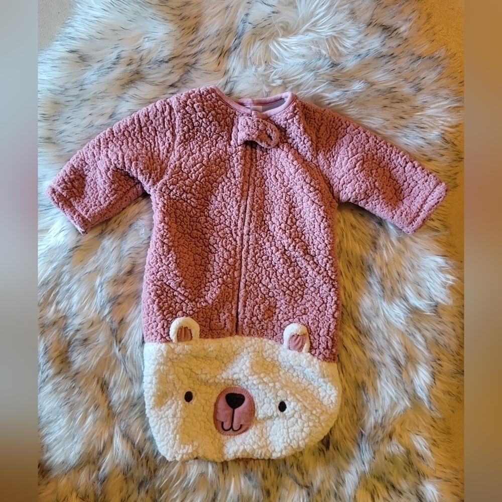 Chick Pea pink bear infant bunting one piece 0-3m